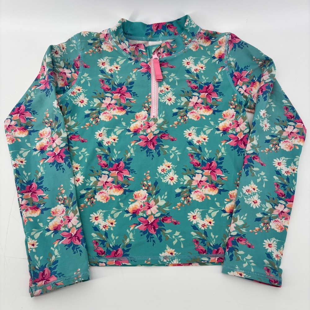 RuffleButts Girls Teal Floral Long Sleeve Quarter Zip Rash Guard Swim Top Size 8